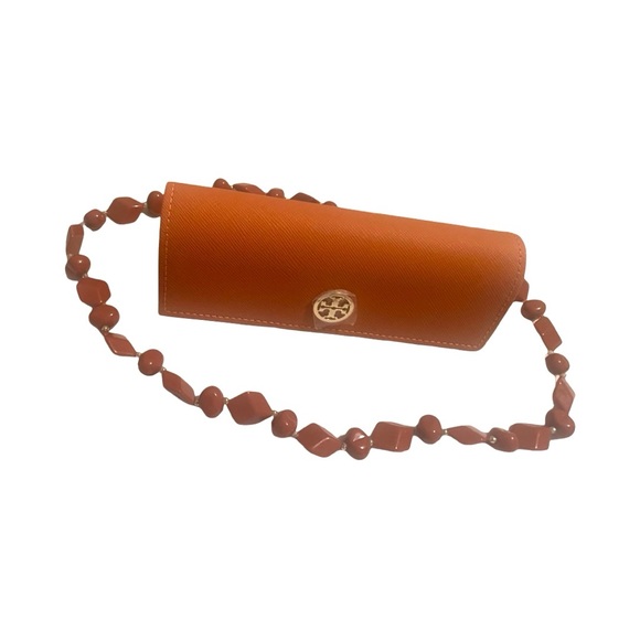 Tory Burch Eyeglass Case Caramel Burnt Orange, Butterscotch Bakelite, & Bird Pin - Picture 3 of 12